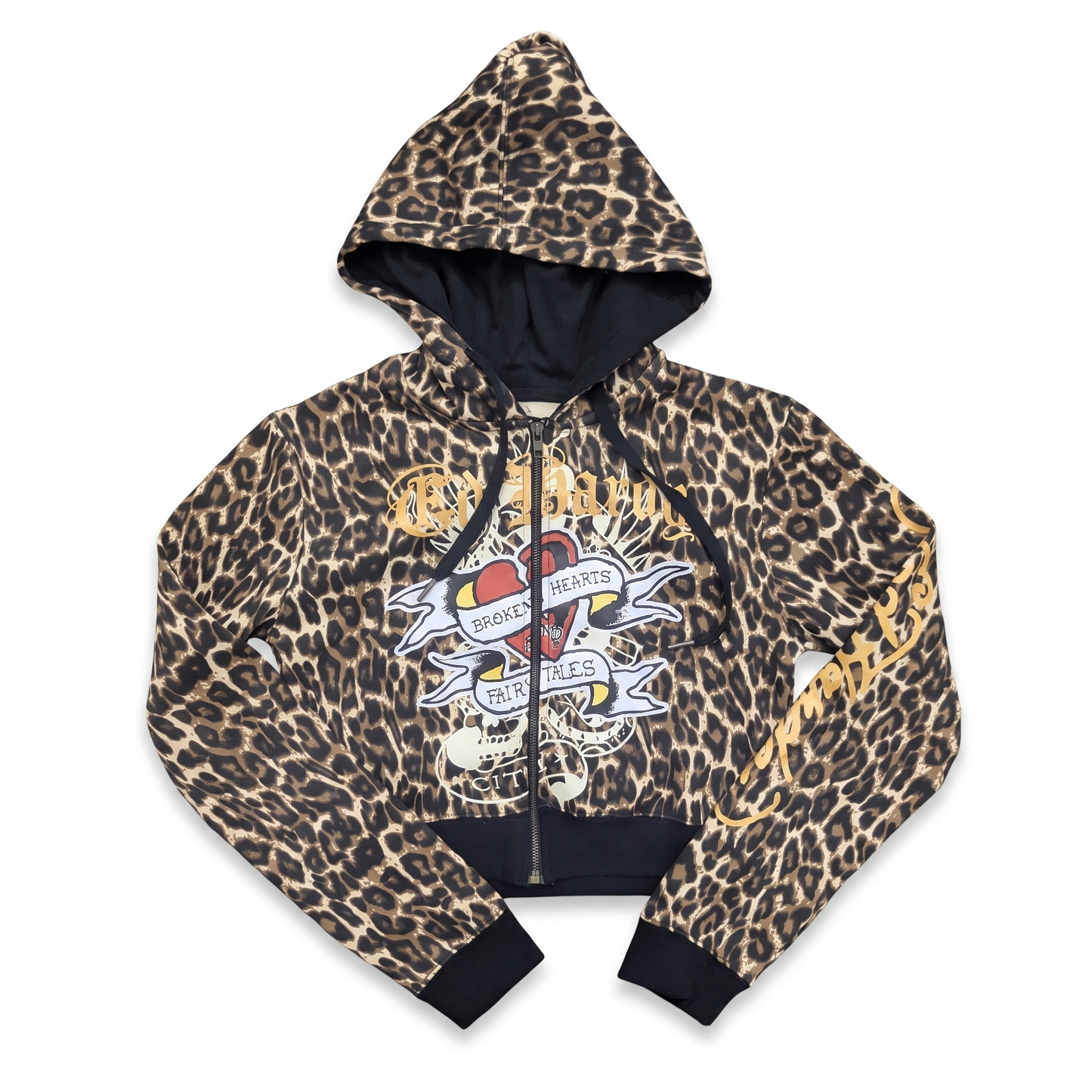 ED HARDY "Broken Hearts" LEOPARD CROPPED ZIP UP HOODIE