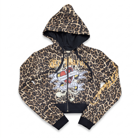 ED HARDY "Broken Hearts" LEOPARD CROPPED ZIP UP HOODIE